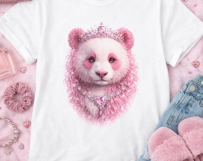 Pink Panda T-Shirt | Whimsical Crowned Panda Illustration, Pastel Tee