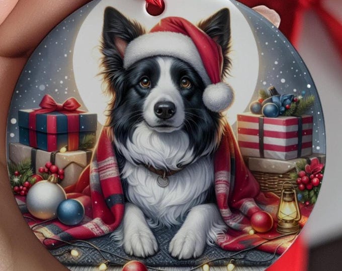 Border Collie Christmas Tree Ornament, Ceramic, Double-Sided Printed & Gift Bag