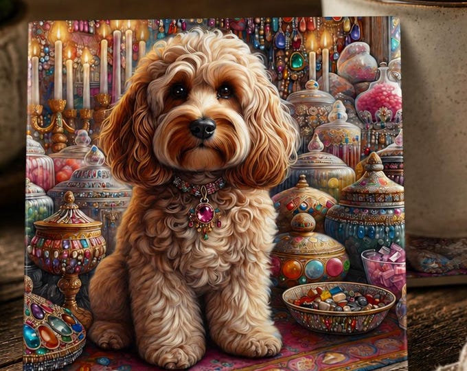Tan Cockapoo Dog Coaster – Victorian Jewel Design, Glossy Ceramic Home Decor