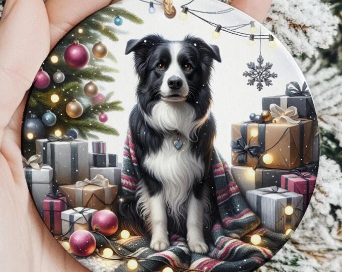 Border Collie Christmas Tree Ornament, Ceramic, Double-Sided Printed & Gift Bag