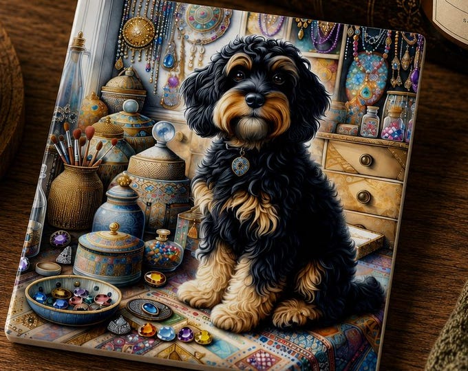 Cockapoo Ceramic Coaster – Victorian Jewel Dog Art, Glossy Cork Back Gift