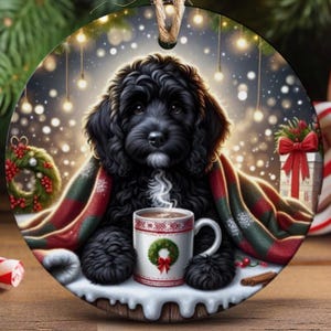 Cozy Dog Weihnachtsbaumschmuck in Form eines schwarzen Cockapoos, Keramik, doppelseitig bedruckt