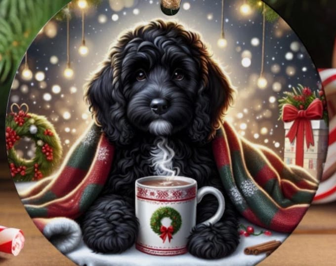 Cozy Dog Black Cockapoo Christmas Tree Ornament, Ceramic Double-Sided Printed