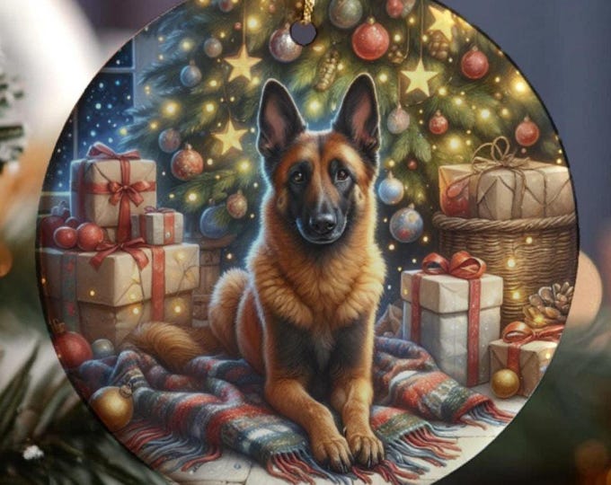 Belgian Malinois Christmas Tree Ornament, Ceramic, Double-Sided Print & Gift Bag