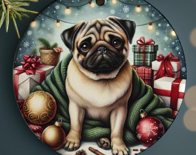 Pug Christmas Tree Ornament, Ceramic, Double-Sided Print, Ribbon and Gift Bag