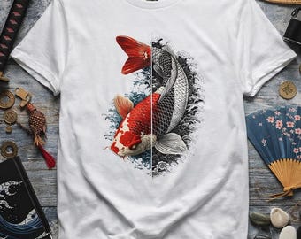 Split Koi Fish T-Shirt, Japanese Style Koi Tee, Yin Yang Fish Shirt, Koi Carp Graphic Tee, Zen Art T-Shirt, Unique Fish Lover Gift