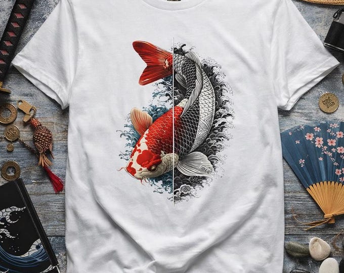 Split Koi Fish T-Shirt, Japanese Style Koi Tee, Yin Yang Fish Shirt, Koi Carp Graphic Tee, Zen Art T-Shirt, Unique Fish Lover Gift