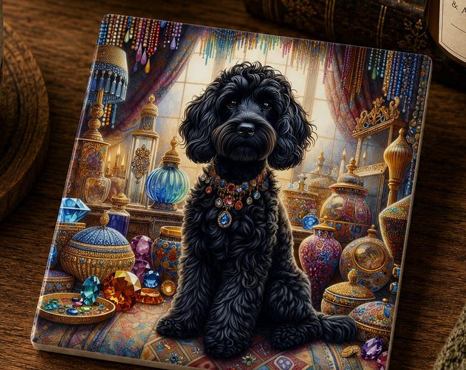 Black Cockapoo Coaster – Victorian Jewel Dog Art, Glossy Ceramic with Cork Back
