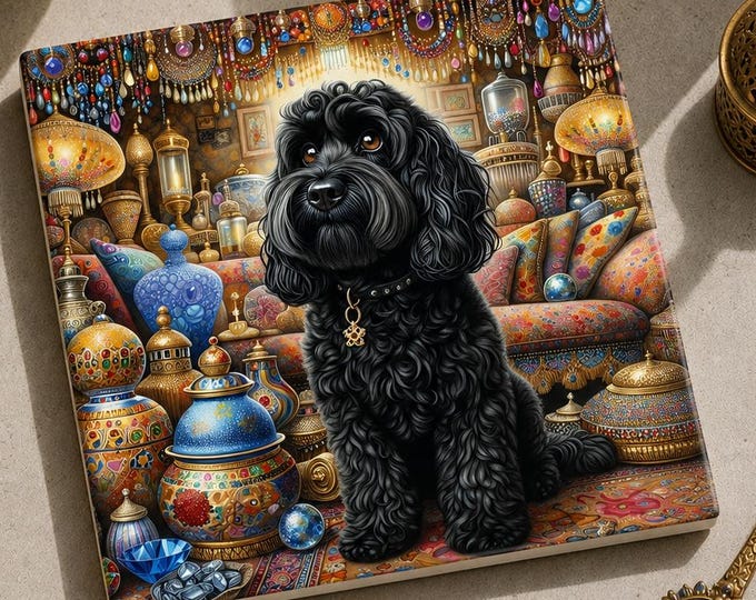 Black Cockapoo Ceramic Coaster – Victorian Jewel Dog Art, Glossy Finish, Cork Back