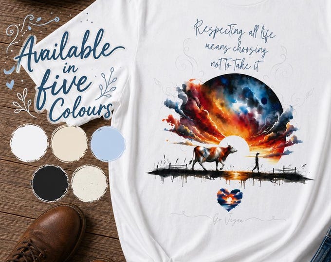 Vegan T-Shirt, Sunset Cow Design, Compassionate Animal Lover Tee