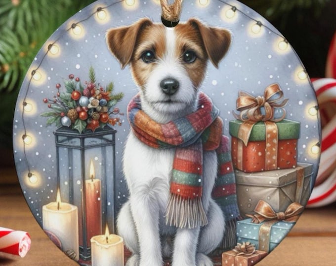 Jack Russell Christmas Tree Ornament, Ceramic, Double-Sided Printed & Gift Bag