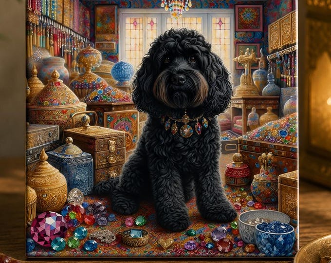 Black Cockapoo Ceramic Coaster – Victorian Jewel Dog Art, Glossy Finish, Cork Back