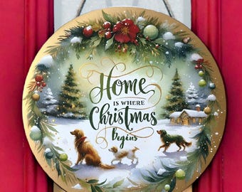 Happy Dogs “Home Is Where Christmas Begins” Metal Door Hanger Sign – 8” Round Christmas Wall or Door Decoration – Festive Wreath Centrepiece