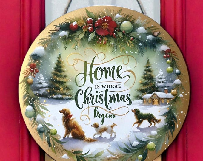 Happy Dogs “Home Is Where Christmas Begins” Metal Door Hanger Sign – 8” Round Christmas Wall or Door Decoration – Festive Wreath Centrepiece
