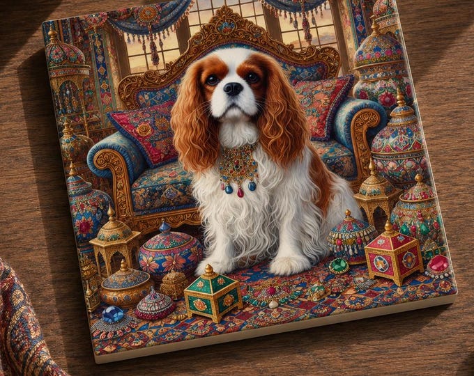 King Charles Spaniel Coaster – Victorian Jewel Dog Portrait, Glossy Ceramic with Cork Back