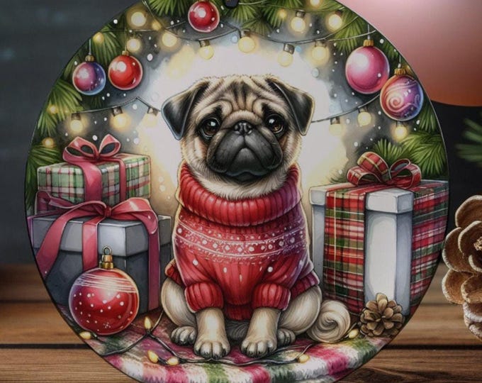 Pug Christmas Tree Ornament, Ceramic, Double-Sided Print, Ribbon and Gift Bag