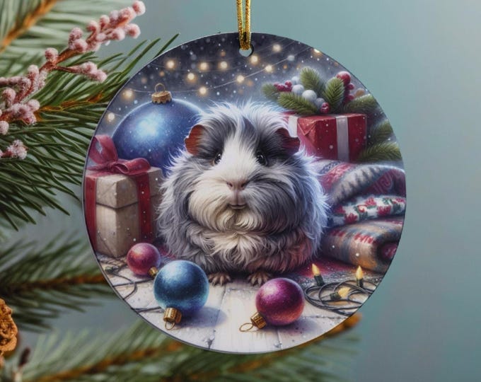 Guinea Pig Christmas Ornament, Ceramic Double-Sided Print Decoration & Gift Bag