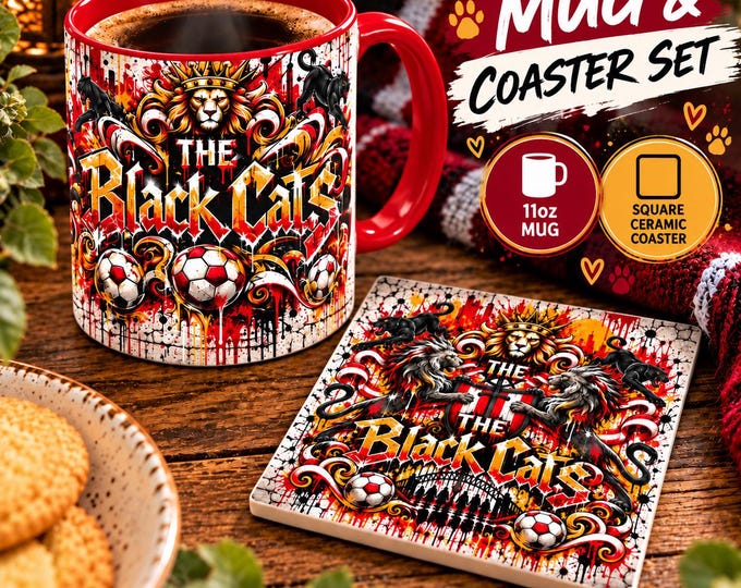Sunderland AFC Fan Mug & Coaster Set, Black Cats Football Gift (11oz Ceramic)