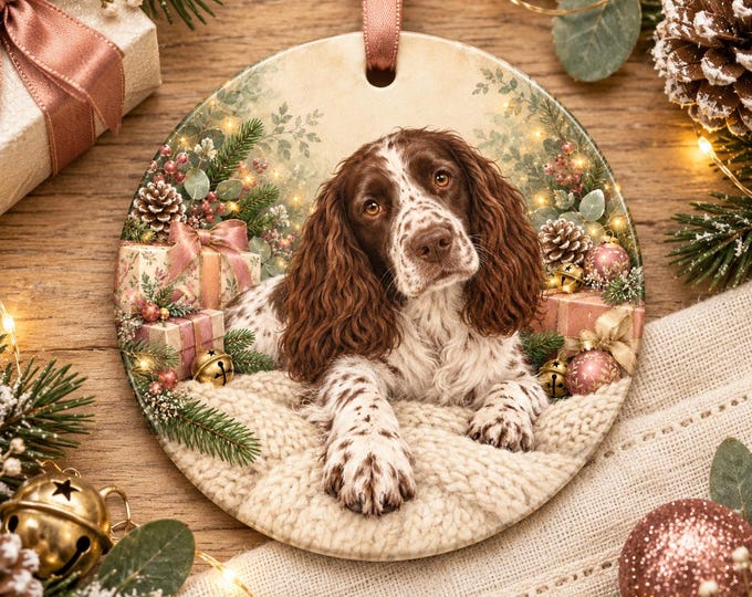English Springer Spaniel Christmas Tree Ornament, Ceramic, Double-Sided Print & Gift Bag