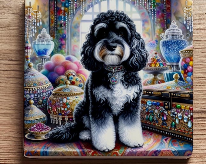 Luxury Black and White Cockapoo Ceramic Coaster – Victorian Jewel Design, Glossy Finish with Cork Back – Elegant Gift for Dog Lovers