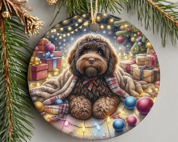 Chocolate Cockapoo Christmas Tree Ornament, Ceramic Double-Sided Print, Gift Bag