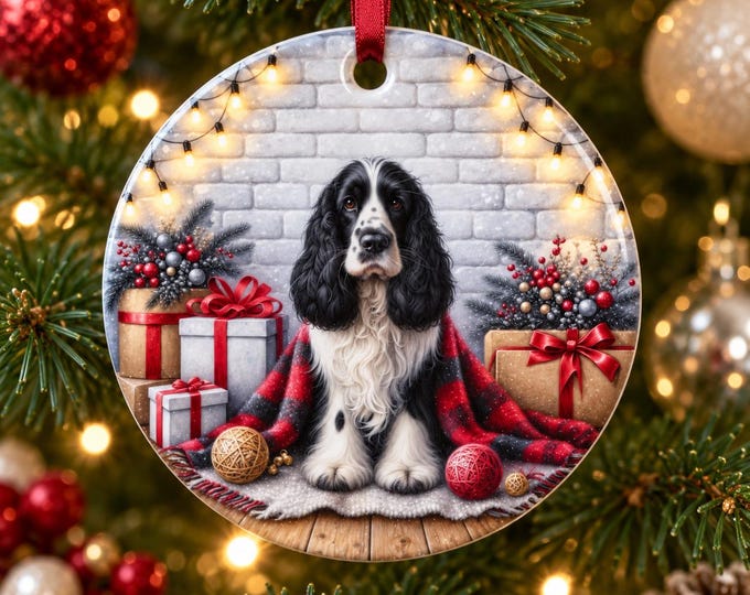 Black and White Cocker Spaniel Christmas Ornament, Ceramic Double-Sided Printed