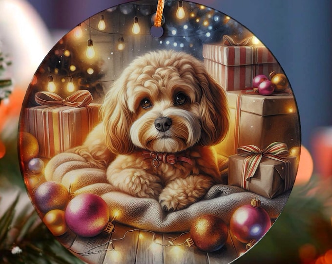 Apricot Cavapoo Christmas Tree Ornament, Ceramic Design on Both Sides & Gift Bag
