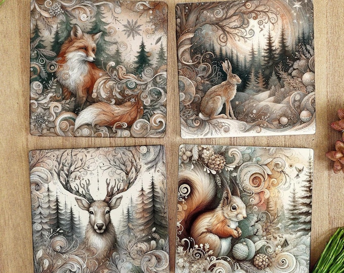 Woodland Christmas Animal Coaster Set of 4 - Ceramic Coasters with Cork Backing