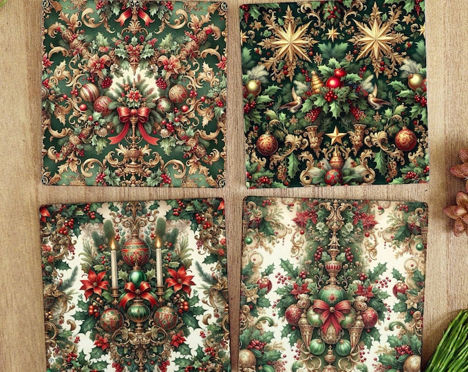 Elegant Vintage Christmas Coaster Set of 4 – Glossy Ceramic with Cork Backing