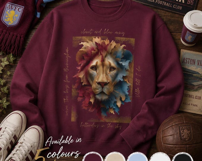 Aston Villa Inspired Sweatshirt, Villa Fan Gift, Claret and Blue Lion Jumper, AVFC Football Gift, Unofficial Villa Supporter Sweatshirt