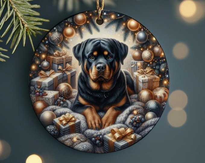 Rottweiler Christmas Tree Ornament, Ceramic With Design On Both Sides, Gift Bag