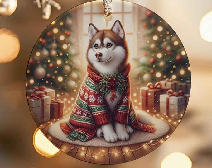 Husky Christmas Tree Ornament, Ceramic, Double-Sided Printed & Gift Bag