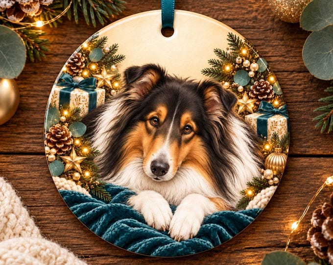 Rough Collie Christmas Tree Ornament, Ceramic, Double-Sided Print & Gift Bag