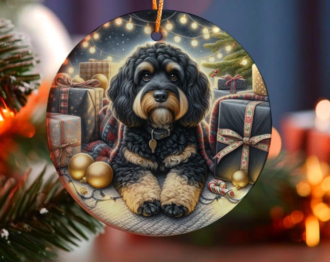 Black and Tan Cockapoo Christmas Tree Ornament, Ceramic Double-Sided Printed