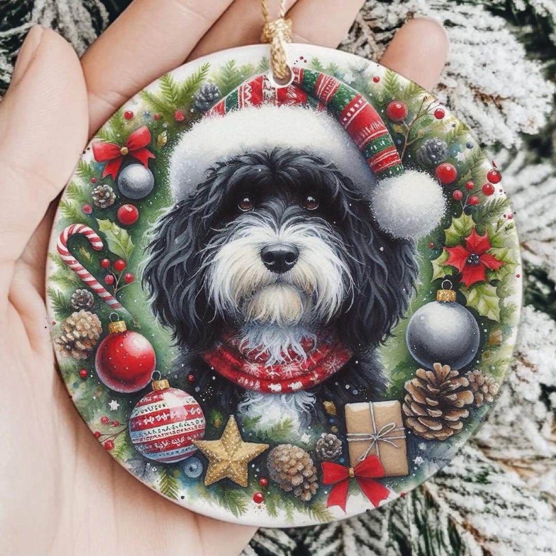 Black and White Cockapoo Christmas Tree Ornament, Ceramic, Double-sided ...