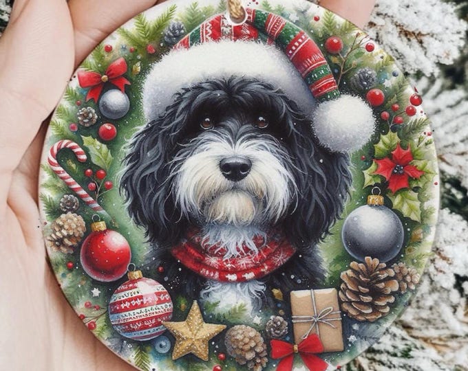 Black and White Cockapoo Christmas Tree Ornament, Ceramic Double-Sided Printed