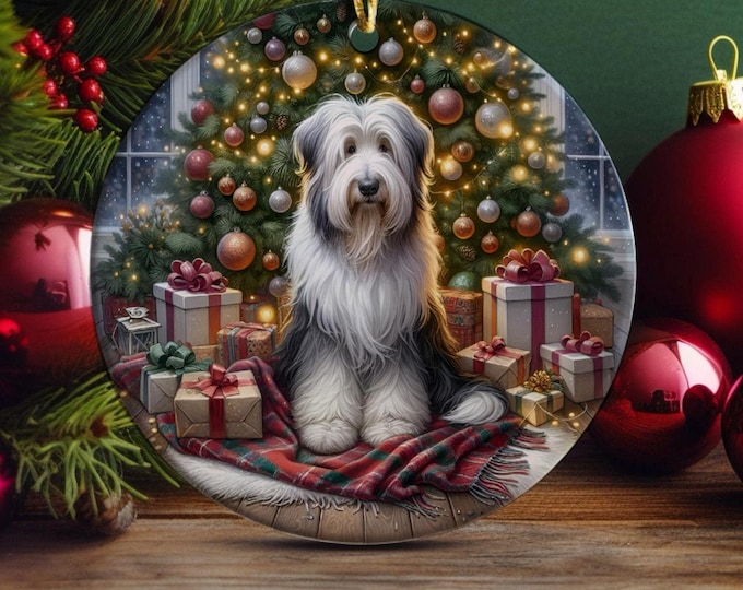 Bearded Collie Christmas Tree Ornament, Ceramic, Double-Sided Printed & Gift Bag