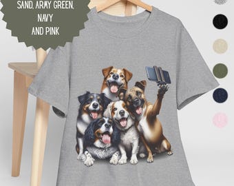 Funny Dog Selfie T-Shirt for dog lovers. Heavy cotton blend, unisex fit, sizes Small to 3XL . Perfect pet lover gift in 6 colour options.