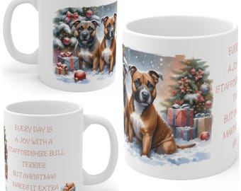 11oz Ceramic Staffordshire Bull Terrier Christmas Mug, Staffordshire Bull Terrier Mug, Staffie Gift For Staffy , Mum, Dad, Owner