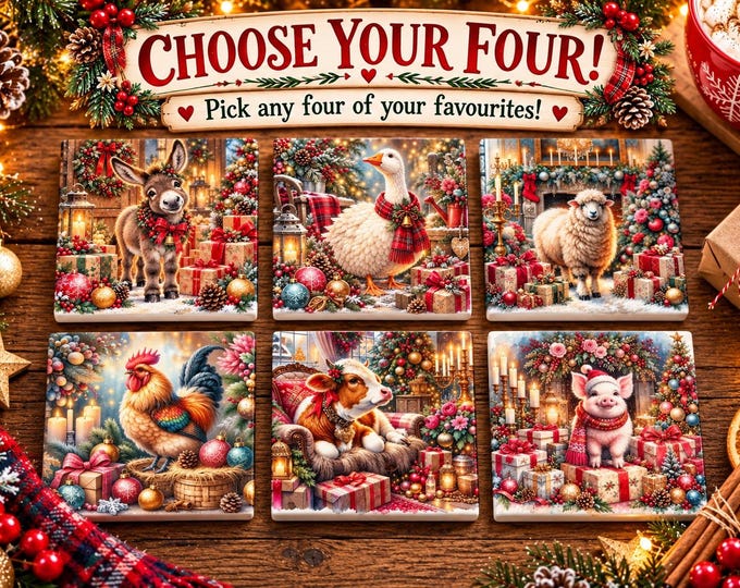 Christmas Animal Coasters Set of 4 | Ceramic Coasters | Animal Lover Gift