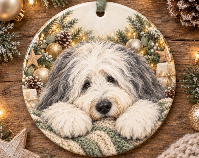 Old English Sheepdog Christmas Tree Ornament, Ceramic, Double-Sided Print & Gift Bag