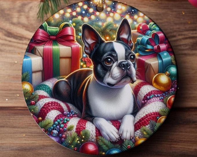 Boston Terrier Ceramic Christmas Tree Ornament, Printed On Both Sides, Gift Bag