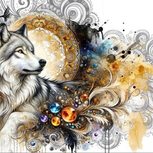 May include: An artistic illustration features a majestic wolf with gray and white fur, set against a backdrop of swirling patterns and colorful gems. The design includes text that reads "May the Spirit of the Wolf Guide and Protect You."