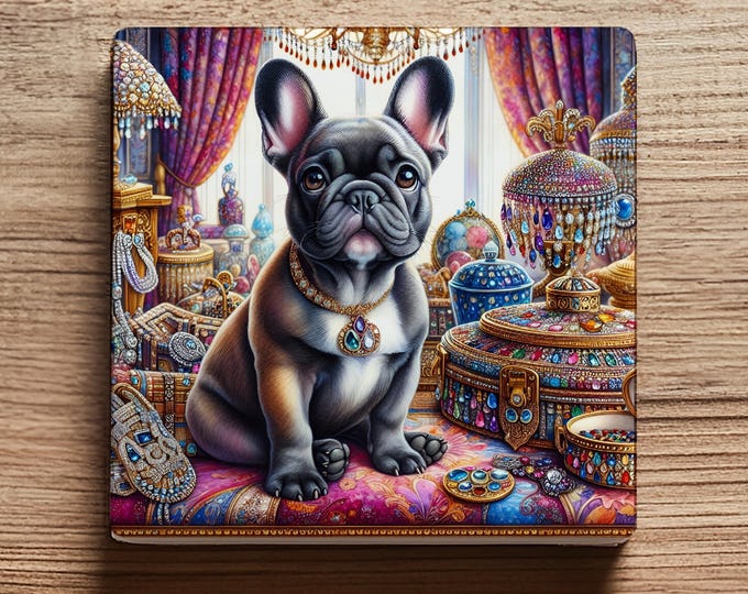Luxury French Bulldog Ceramic Coaster – Victorian Jewel Design, Glossy Finish with Cork Back – Elegant Gift for Dog Lovers