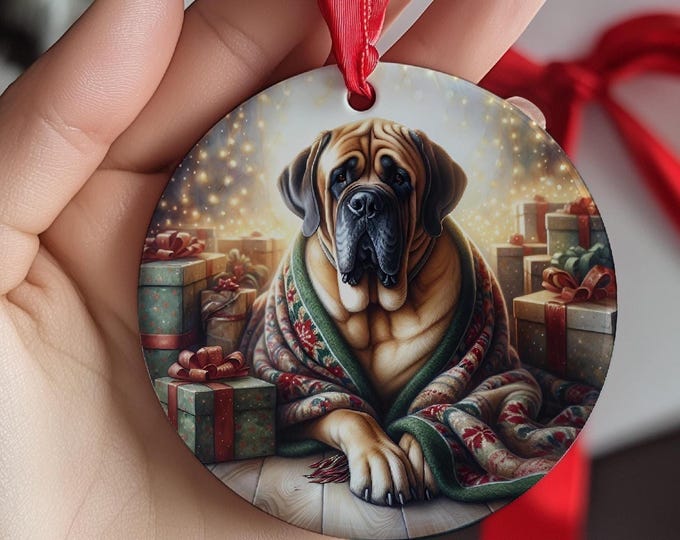 Mastiff Christmas Tree Ornament, Ceramic, Double-Sided Printed & Gift Bag