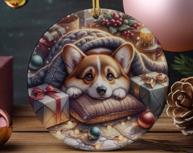 Corgi Christmas Tree Ornament, Ceramic, Double-Sided Print and Gift Bag