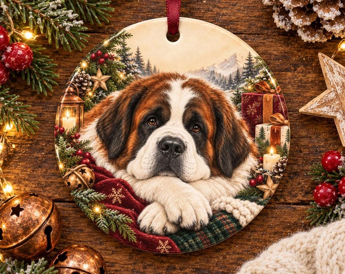 Saint Bernard Christmas Tree Ornament, Ceramic, Double-Sided Print & Gift Bag