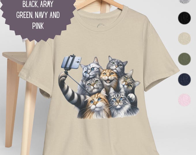 Funny Cat Selfie T-Shirt for cat lovers. Heavy cotton blend unisex tee in 6 colours, sizes Small to 5XL, Perfect Gift