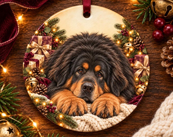 Tibetan Mastiff Christmas Tree Ornament, Ceramic, Double-Sided Print & Gift Bag