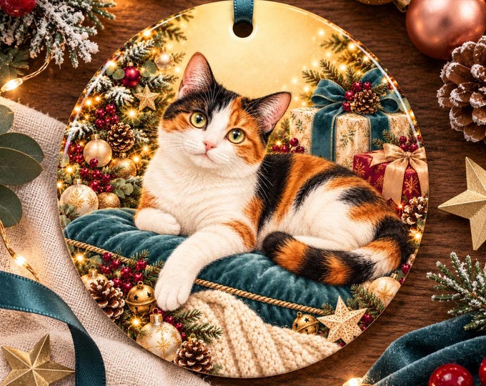 Calico Cat Christmas Ornament | Round Ceramic Cat Lover Gift